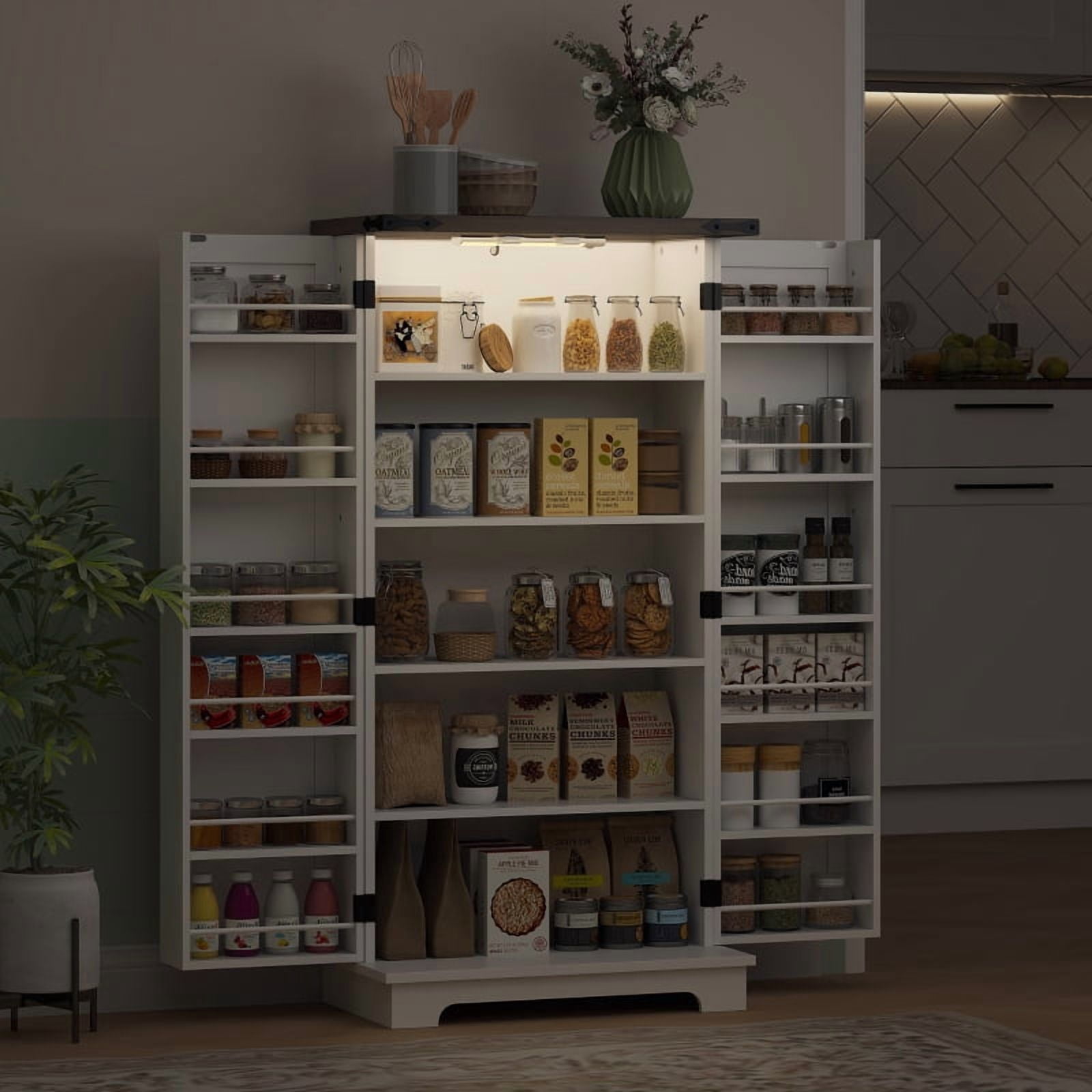 Alvantor Kitchen Pantry Storage Cabinet with LED Light, Adjustable Shelves & Door Racks 23.6" x 15.7" x 47.2" White
