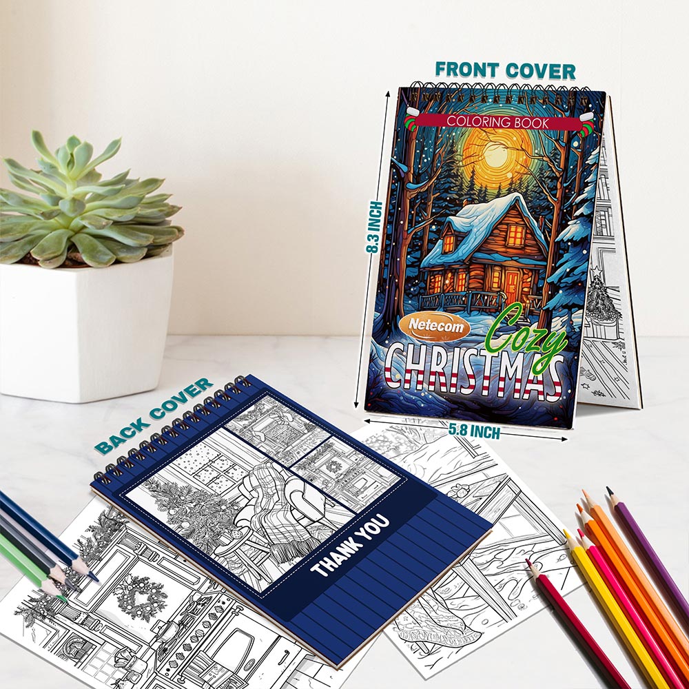 Netecom Cozy Christmas Coloring Book Spiral Bound for Adults, A5 Wooden Cover, 30 Serene Coloring Pages of Snowy Village Scenes in Xmas Day for Stress Relief and Relaxation