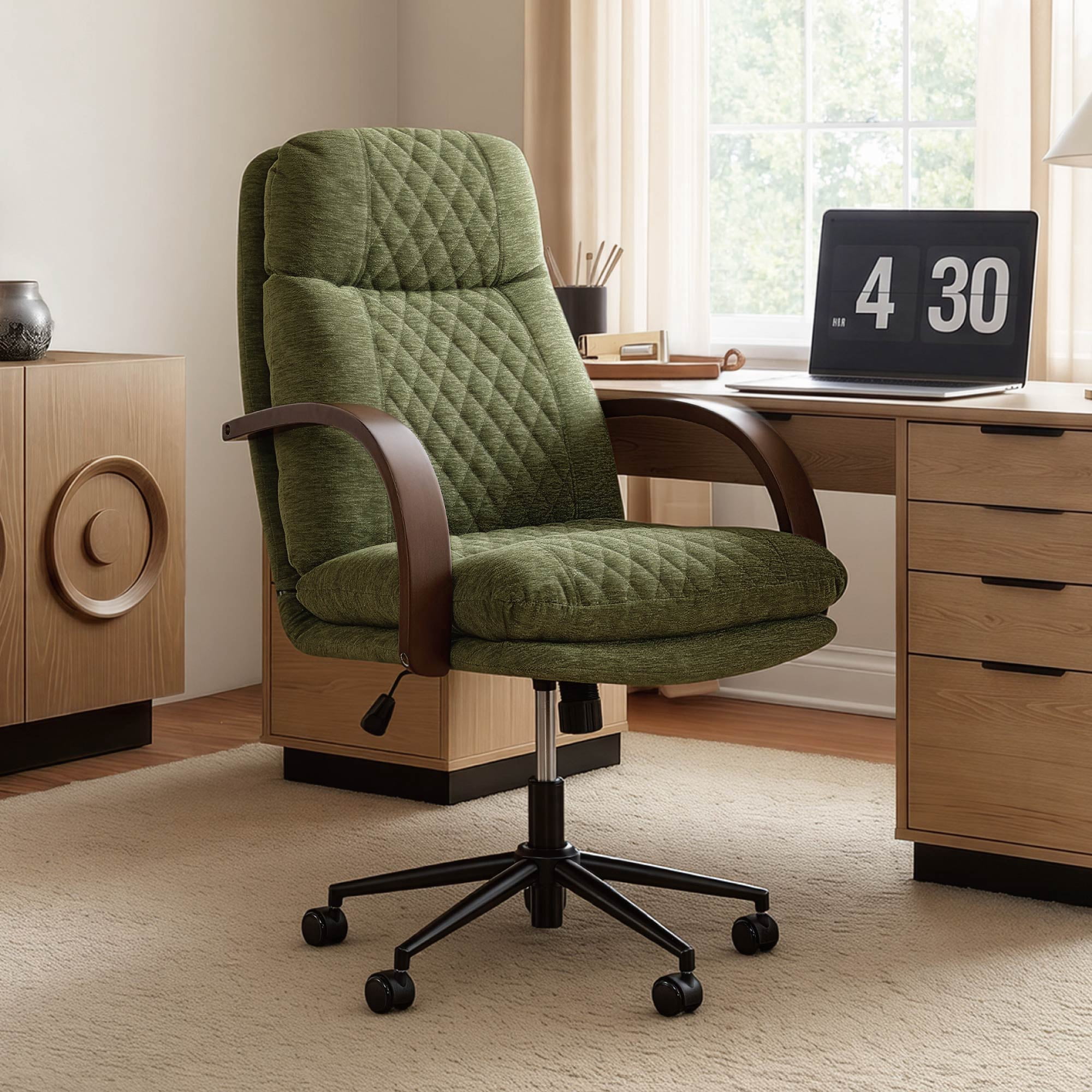 Spruce & Spring Modern Ergonomic Swivel Office Chair with Bentwood Arms, Upholstered High Back Desk Chair with Tilt Function and Durable Metal Base, Moss Green