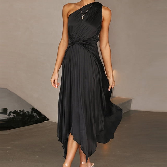 Vestido Largo De Verano Para Mujer Vestidos de fiesta de cóctel Vestido de satén de un hombro con cinturón Traje de diario de corte holgado Cgtredaw Para estrenar