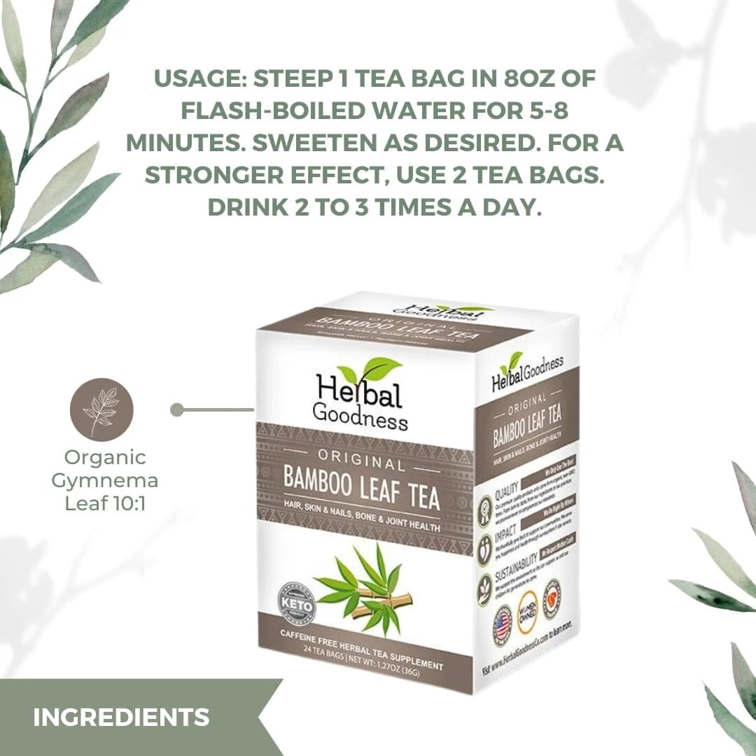 Bamboo Leaf Tea - Caffein-Free Herbal Tea, 72 Teabags(3 Packs), Hair, Skin, Anti Aging for Men & Women, Silica - Herbal Goodness