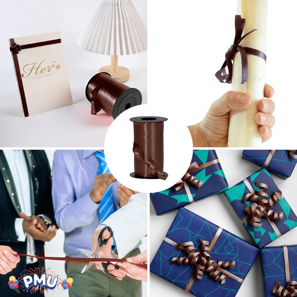 PMU 750 Yards x 3/8in Chocolate Crimped Curling Ribbon String for Gift Wrapping Ribbon Balloon String Birthday Celebration Party Presents Decor, Festival Art Craft Accessories (3-250 Yard Rolls)