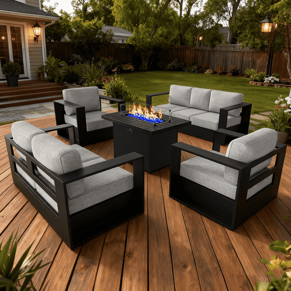 LayinSun Oversized Aluminum Outdoor Furniture Set, 5 Piece Patio Sofa Sets with Fire Pit Table, Deep Seating and Upgraded 6-inch Cushions for Porch, Balcony, Deck