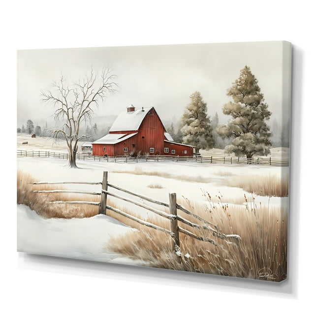Designart Red Barn Scenery In Winter VI Canvas Wall Art