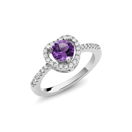 February Birthstone Heart - 0.98 Ct Round Purple Amethyst Platinum Plated Sterling Silver Heart Shape Ring