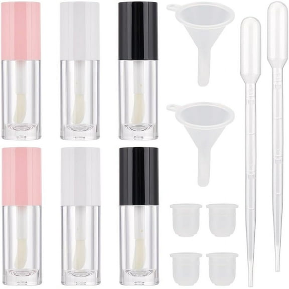 6Pcs 6ml Empty Lip Gloss Tubes Lipgloss Balm Bottle with Wand Tip Clear Plastic Lip Glaze Container with Rubber Inserts 3 Colors Cap Included Droppers Funnel for Travel DIY Lipstick Samples
