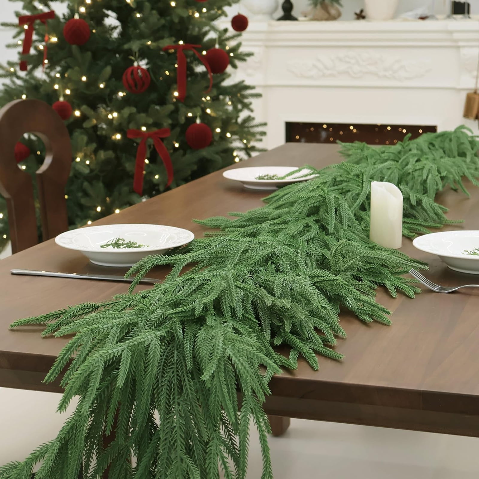 KOYPTL 8.86ft Christmas Garlands Norfolk Pine Garland Real Touch Artificial Faux Greenery Garland for Table, Mantle, Staires, Wall Holiday Indoor Outdoor Christmas Decorations