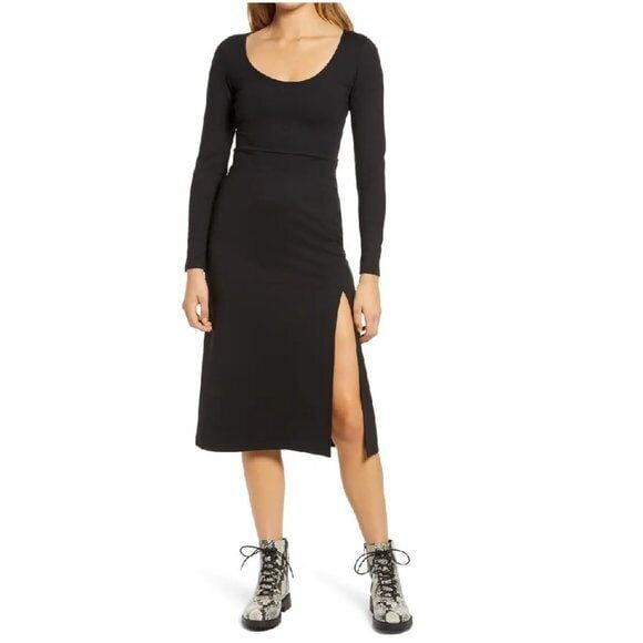 Leith Robe Midi à Manches Longues avec Fente Latérale pour Femmes Col Rond Ligne A Noir Taille m