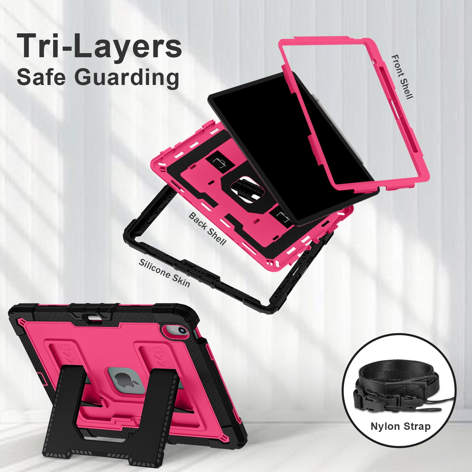 ELEHOLD 3-Layer Rugged Case For Apple iPad Air 13‑inch (M4) 2026, Heavy Duty Shockproof Logo Visible Foldable Kickstand Drop Protection Cover with Pencil Holder + Shoulder Strap, Black+Rose