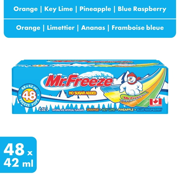 Mr. Freeze No Sugar Added Freeze Pops - Orange, Key Lime, Pineapple, Blue Raspberry - 48 x 42 ml, 48 x 42 ml