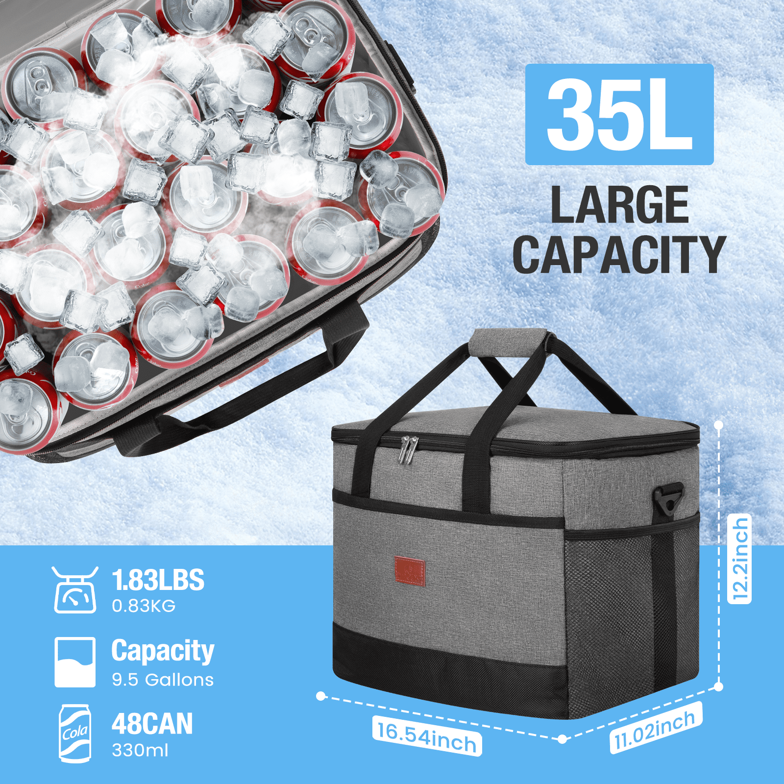 Cshidworld Cooler Bag 48 Cans Collapsible Soft Cooler Large Insulated Soft Sided Cooler Bag, 35L Insulated Bag Portable Ice Chest Box for Lunch Drink Beverage Beach Travel Camping Picnic, Gray