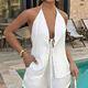 thumbnail image 4 of Conjunto de 2 Piezas de Top Holgado de Verano para Mujer, Sexy, con Espalda Descubierta, Cuello Halter y Lazo Frontal, y Pantalones Cortos de Cintura Alta. Crema S, 4 of 10