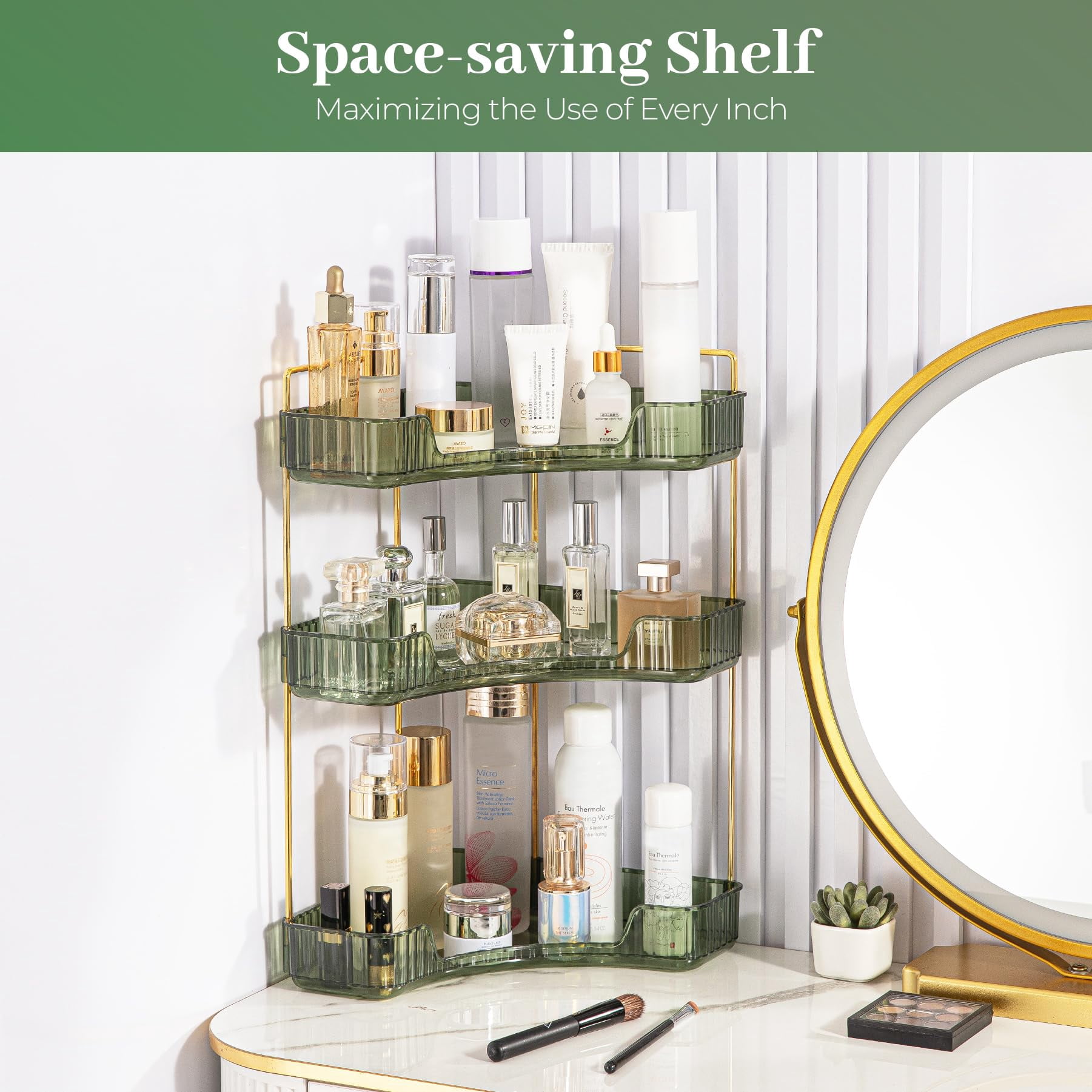 Soda Candy Corner Makeup Organizer for Vanity Countertop Space Saving Cosmetic Storage Organizer for Dresser Bathroom Kitchen, 3 Tier