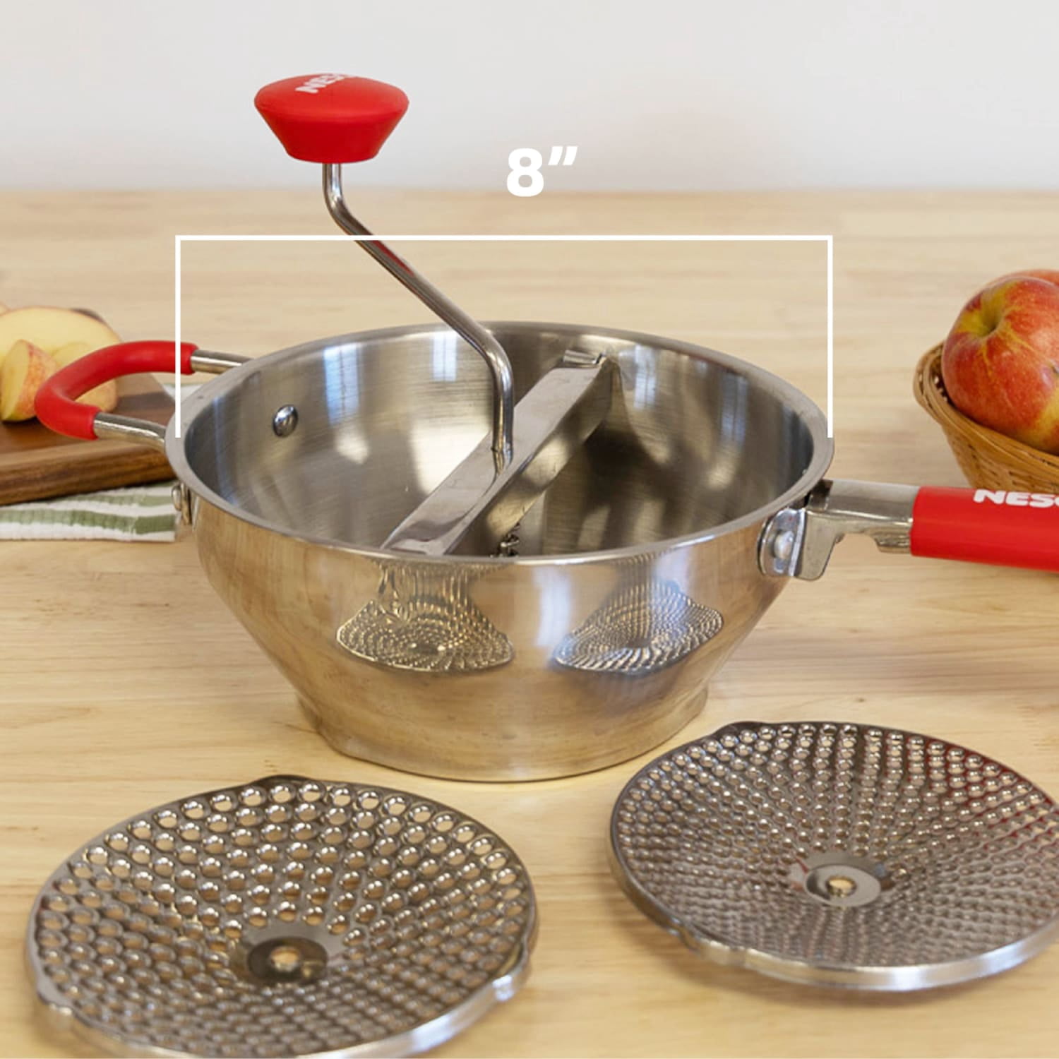 NESCO 32 oz Stainless Steel Food Mill, Multi-Use Canning Supplies for Purees and Sauces, Grinder for Canning Tomato Sauce, Jam, and Homemade Baby Food