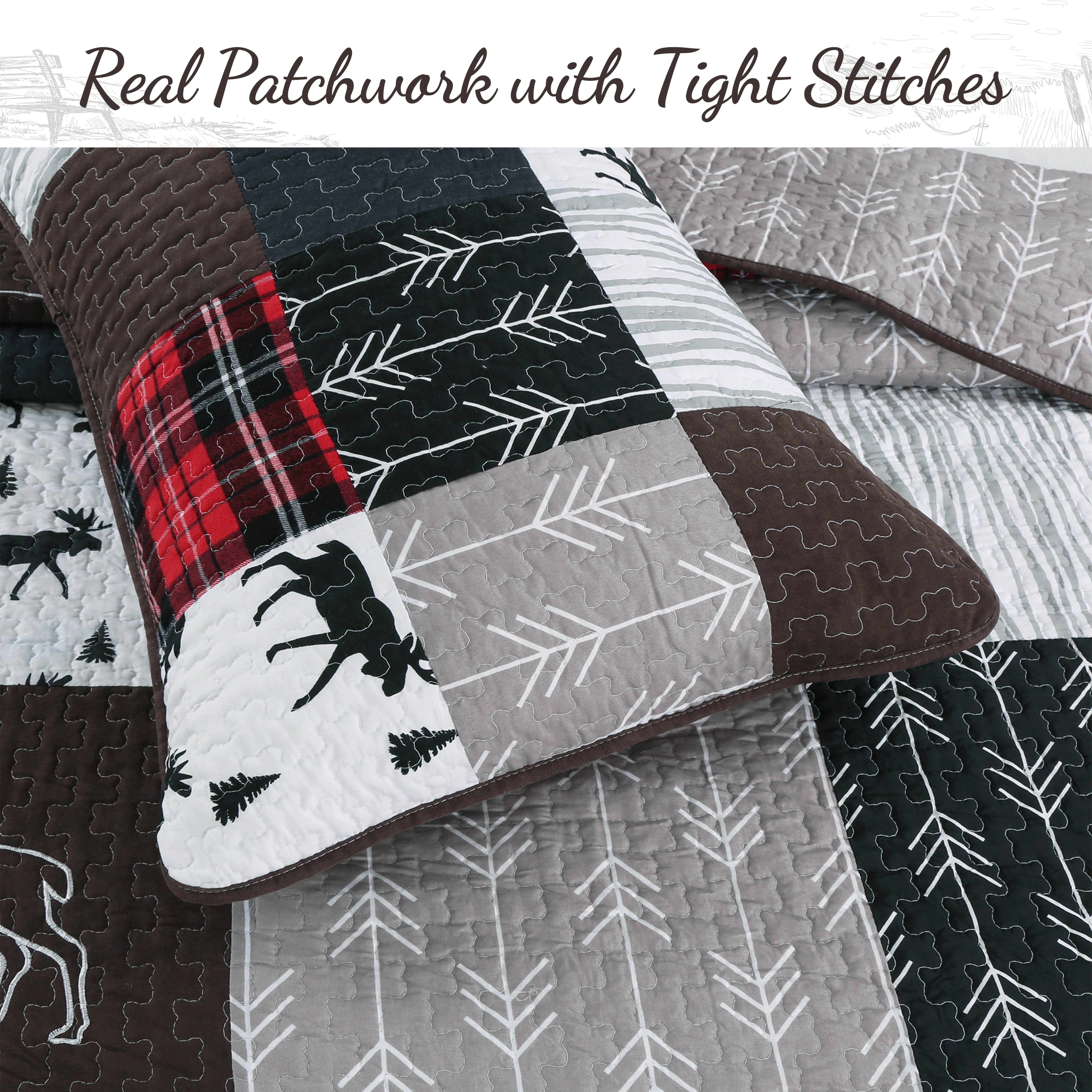 Moose Lodge Rustic Cabin Black Real Patchwork Reversible Queen Quilt Bedding Set
