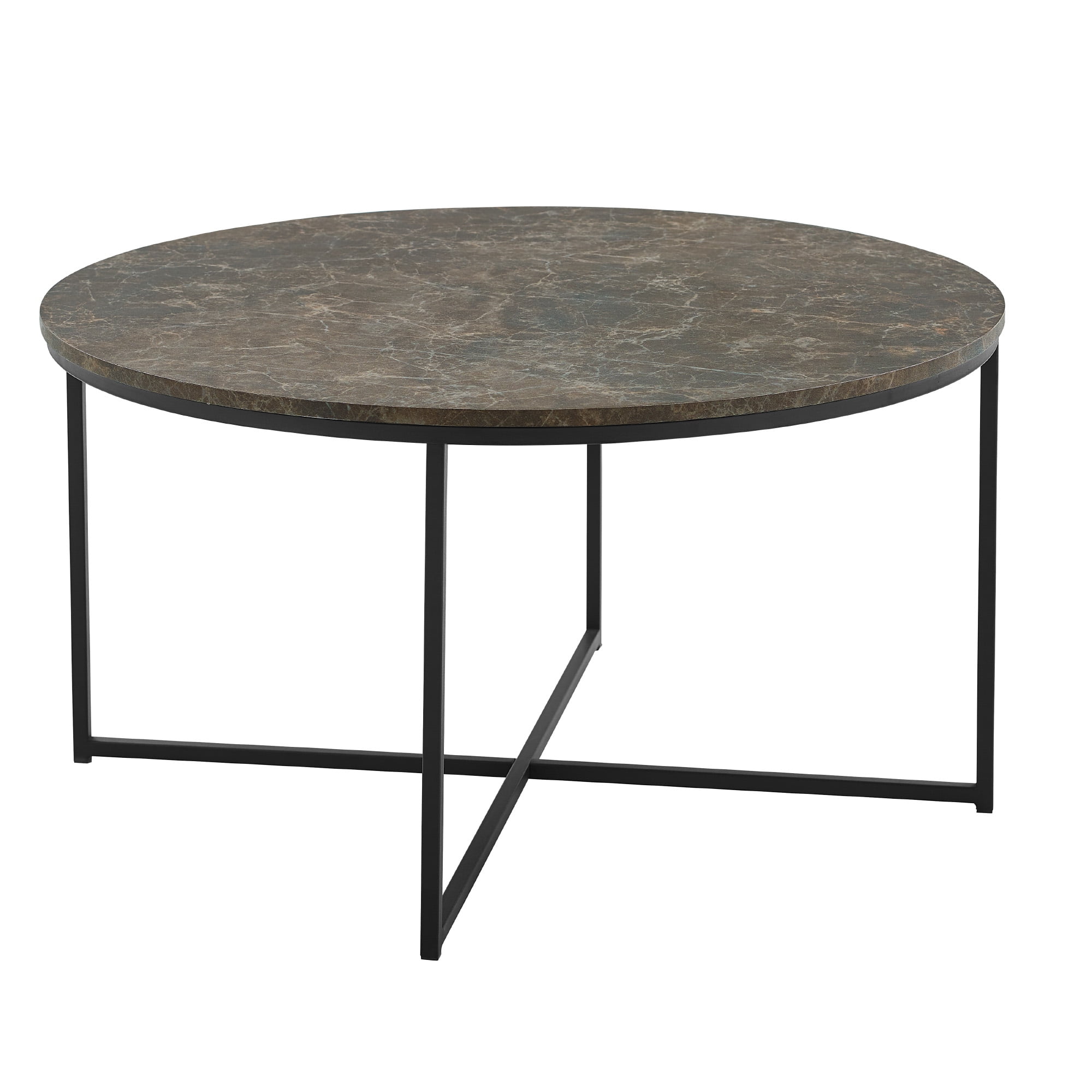 Ember Interiors Modern Round Coffee Table, Brown Faux Marble/Black