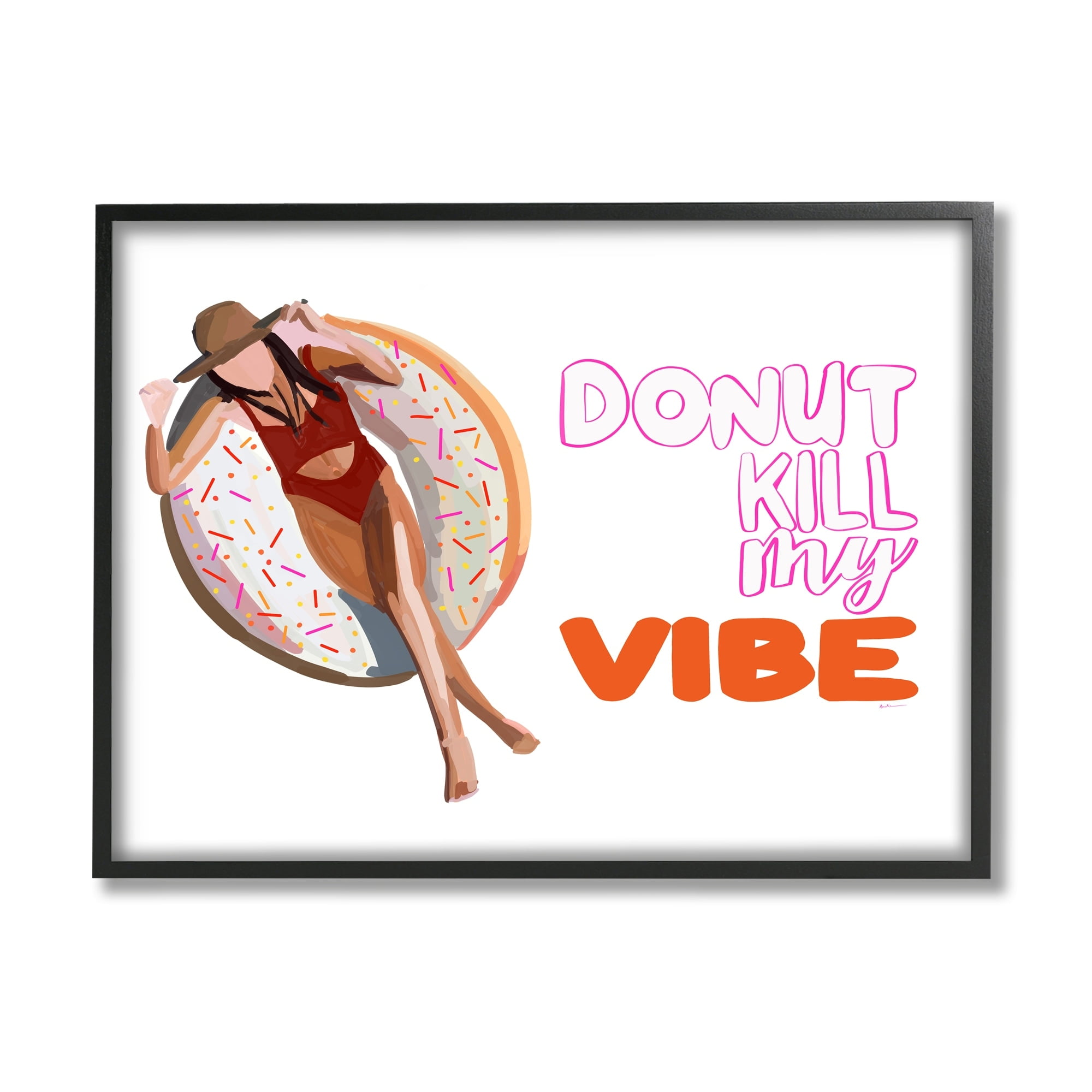 Stupell Industries Donut Kill My Vibe Relaxing Pool Float Girl Graphic Art Gray Framed Art Print Wall Art, Design by Amelia Noyes