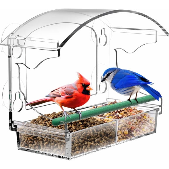 Window Bird Feeder with Strong Suction Cups - Clear Acrylic Removable Seed Tray with Drain Holes - Up-Close Outdoor Bird Watching - Keeps Nuts & Seeds Fresh and Dry