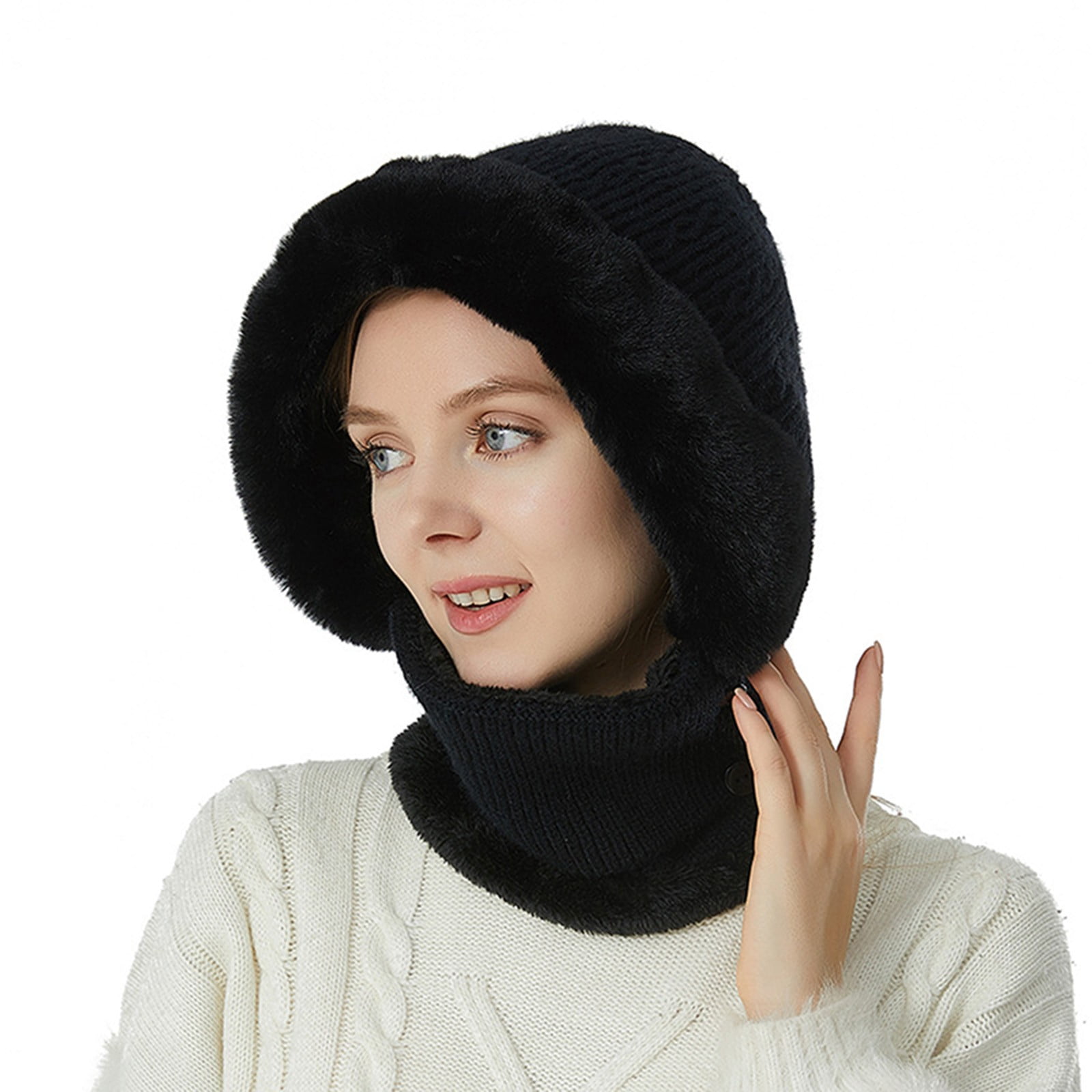 Tanhomme Wind-Resistance Winter,Fleece Ski Covers,Warm Face-Cover Hat Cap Scarf Womens Solid Color Knit Hat Ear Protector Scarf Warm Fashion Versatile Hat