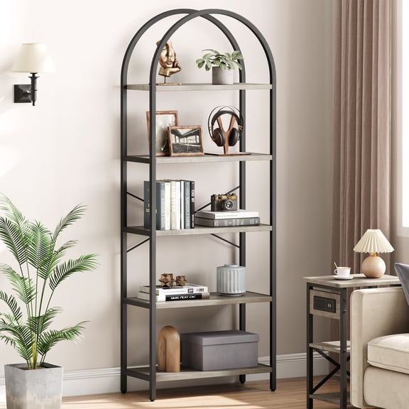 71" Tall Arched 5-Tier Bookshelf, Modern Narrow Open Etagere Bookcase with Storage, Freestanding Metal Frame Shelving for Bedroom, Living Room