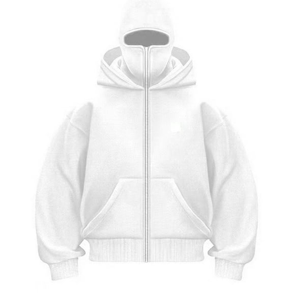Homeyce Men's Balaclava Jacket with Zipper with Mask Hoodies Balaclava Double Layer Hooded Sweatshirt Windproof Warm Sports Casual Bicycle Clothing for Men and Women,White L