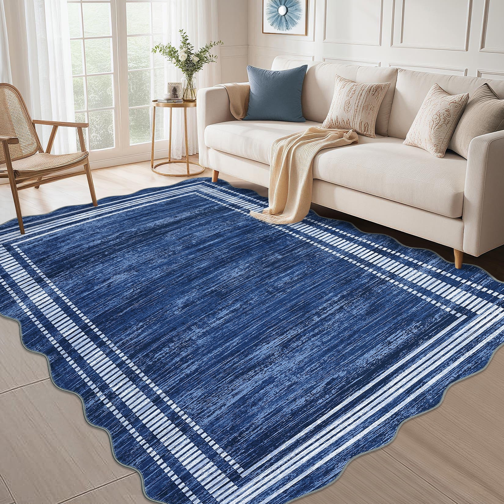 Senfot 9x12 Modern Bordered Abstract Scalloped Area Rug Non-Slip Low Pile Stain Resistant Indoor Rug for Living Room Bedroom Dining Office Navy Blue