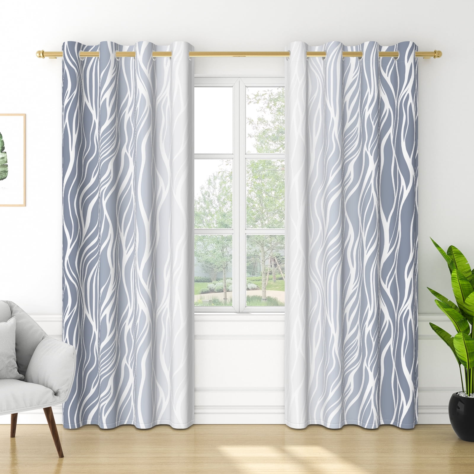 Nanqianyi Light Grey Blackout Curtains 42 X 63 Inch Length 2 Panels, White Wave Line Ombre Thermal Insulated Drapes for Bedroom, Living Room