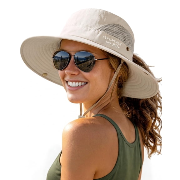 FURTALK Summer Womens Sun Hat with Ponytail Hole Beach Hiking Wide Brim UPF 80  Outdoor Protection Foldable Bucket Hat