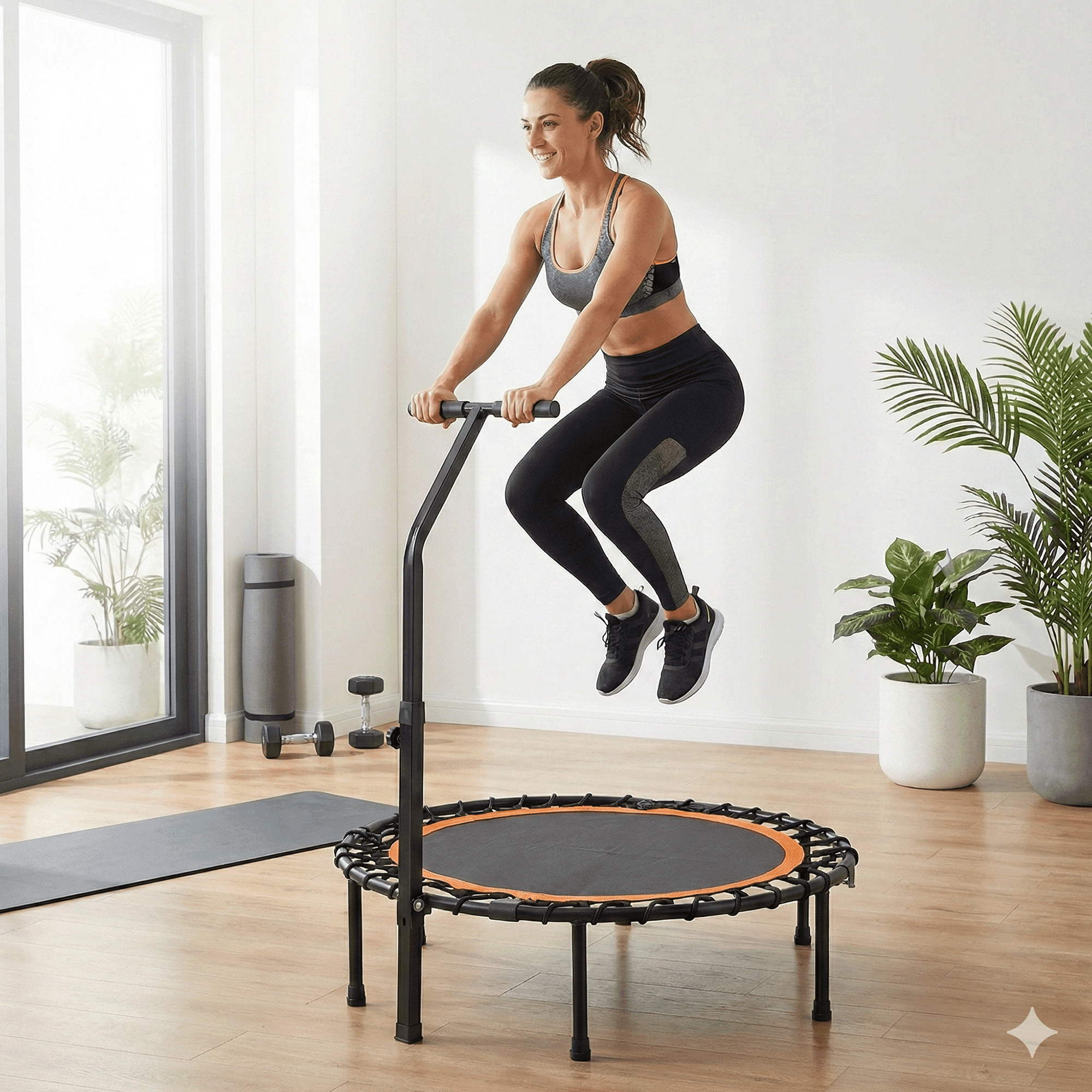 Mersco 40'' Foldable Mini Sports trampoline,450LBS  Rebounder Trampoline for Home Gym,Cardio & Strength Training,Fitness Trampoline with Adjustable Handle, Stable & Quiet, Indoor Outdoor, Black