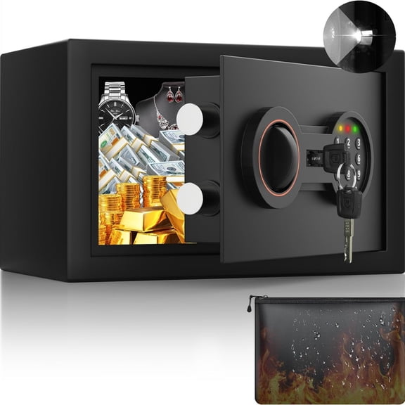 Small Safe Box, 0.3 Cuft Home Safe with Fireproof Waterproof Bag for College Dorm Room, Digital Money Box with Electronic Keypad, Spare Keys and Alarm System, Hidden Safes for Cash, Jewelry, Medicine