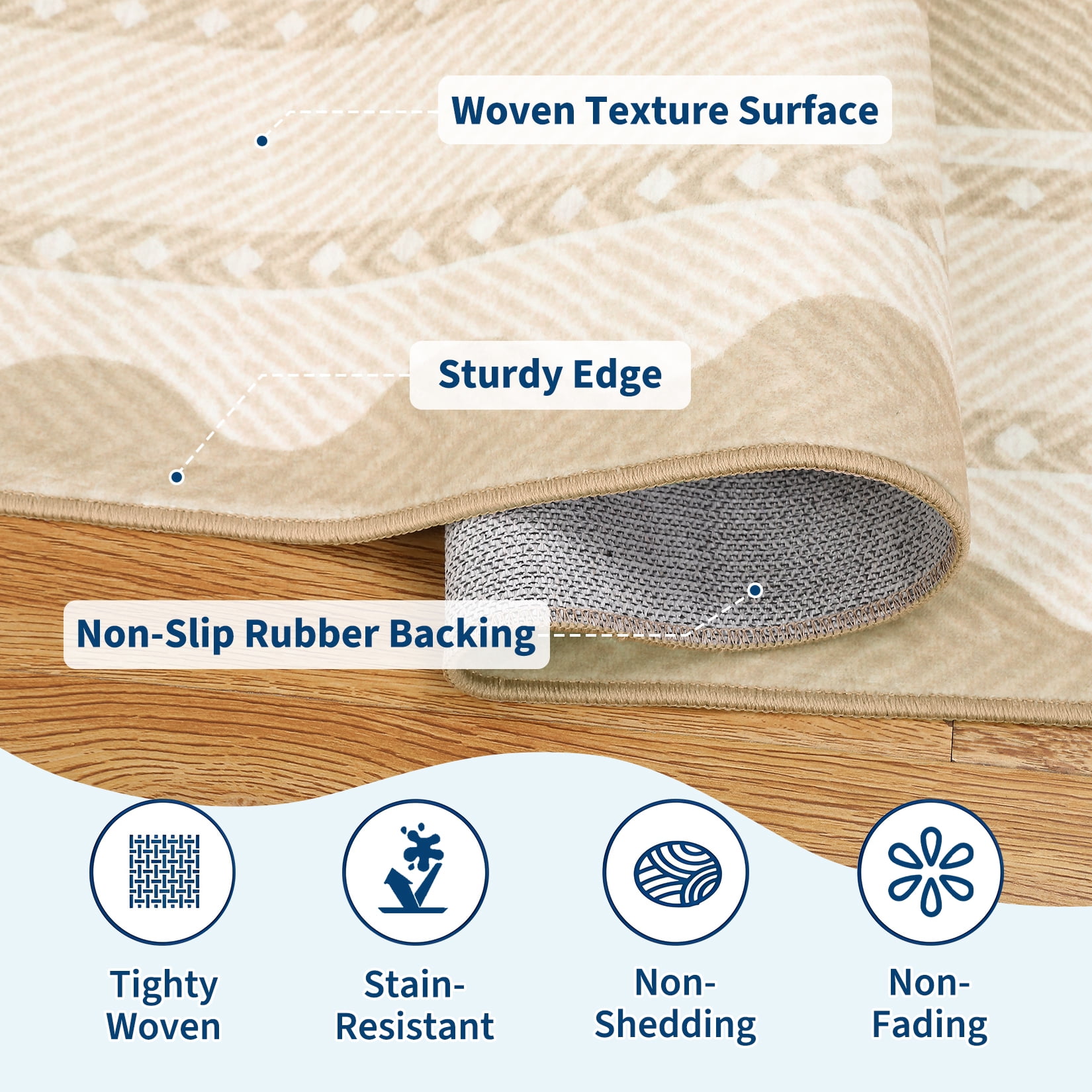 HIWEAVER Beige 2' x 6' Washable Scalloped Bordered Pattern Runner for Kitchen Geometric Indoor Throw Carpet ​Modern Non-Slip Foldable Doormat for Hallway Farmhouse Dorm Home Decor