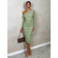 thumbnail image 6 of Brown One Shoulder Ruched Bodycon Midi Dress Long Sleeve, 6 of 30
