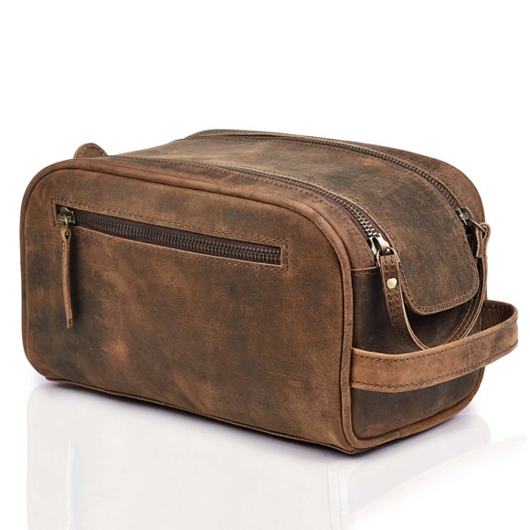 LEATHER VILLAGE Trousse de Toilette en Cuir Premium avec Doublure Imperméable - Marron / King-Size Sac Vintage Fait Main