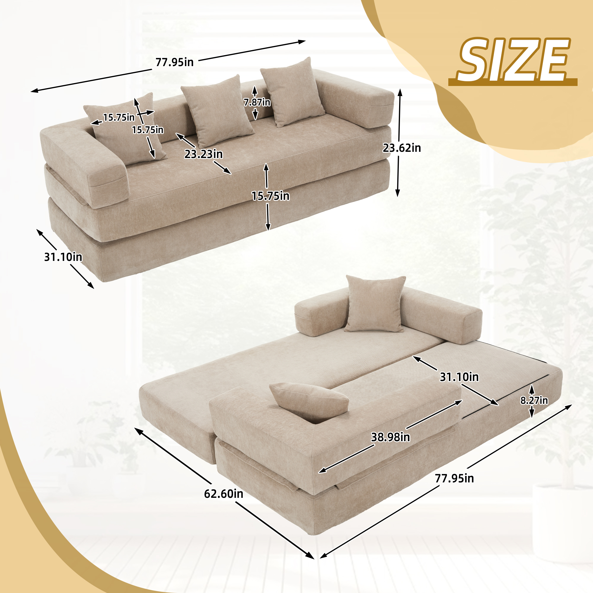 MOONMISS Chenille Upholstered Convertible Foldable Memory Foam Sleeper Sofa with Pillows for Living Room-Coffee
