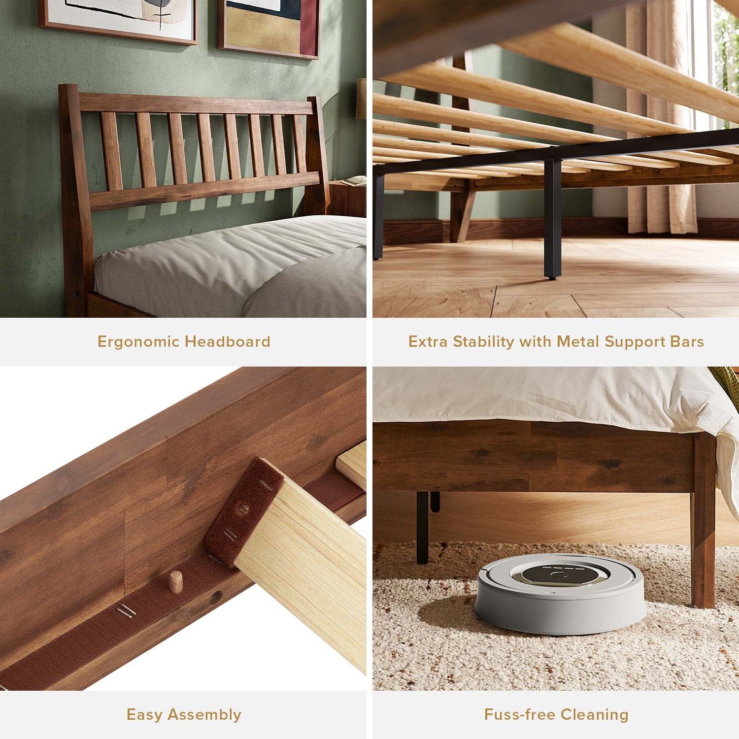 Mopio Ted Full Bed Frame with Headboard, Full Size Bed Frame, Mid Century Modern Acacia Solid Wood Platform Bed Frame, Wooden Bed Slats, No Box Spring Needed, Single Metal Bar Support, Walnut