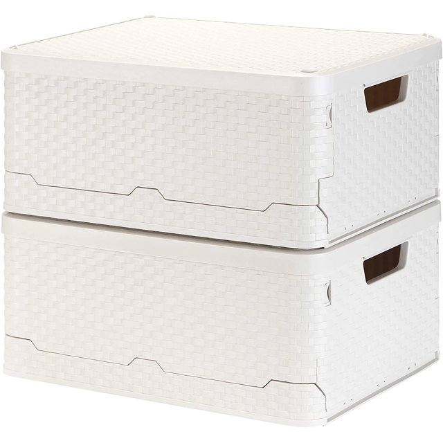 2-Pack Large Lidded Plastic Storage Bin with Handles, Collapsible Storage Basket, Rectangle Storage Box, Stackable Storage Container, Utility Crates, 56 Qt, 17.3 x 13 x 8.3 Inches, Off White