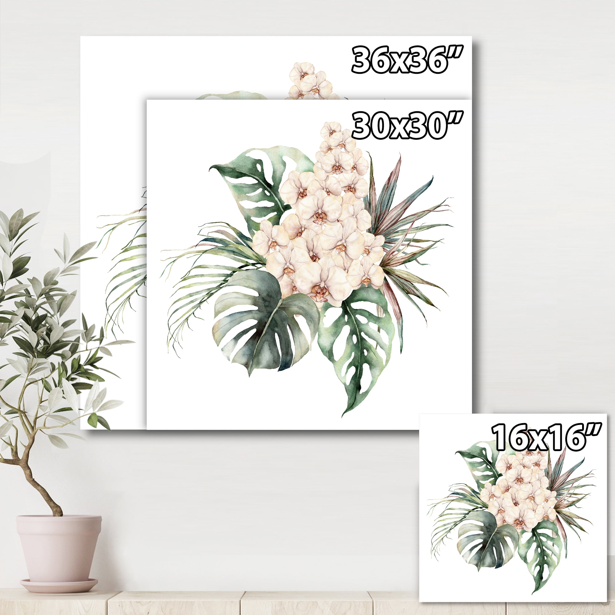 Designart ' Bouquet With Orchids Coconut Leaves and Monstera ' Traditional Canvas Wall Art Print