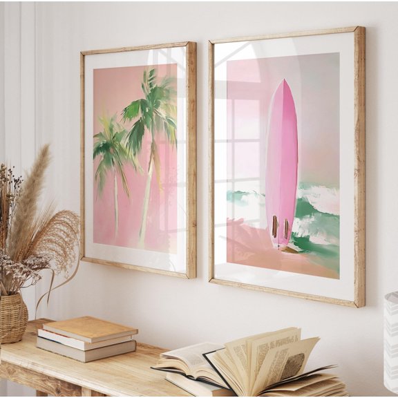 Pastel Girly Surf Beach Coastal Palm Tree Pink Green Artwork Set 2 Unframed Paper Print 8x12