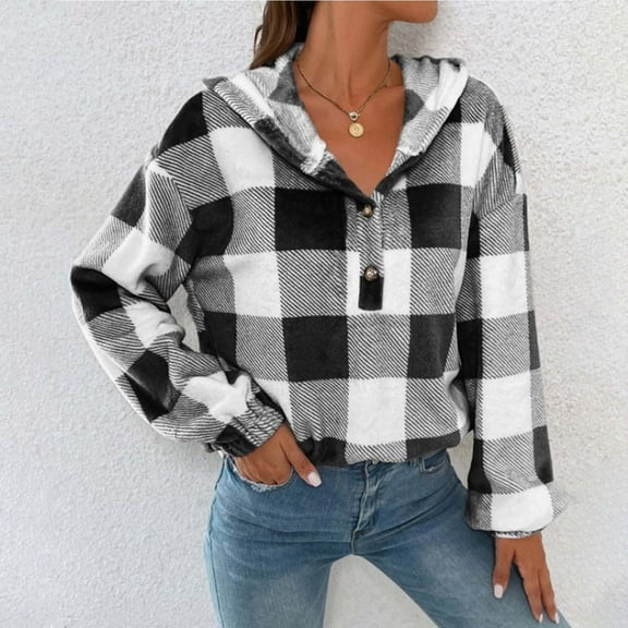 Baqcunre Womens Hoodies Gingham Half Button Drop Shoulder Hoodie Womens Casual Plaid Shacket Button Down Long Sleeve Sweatshirt Womens Sweaters Womens Fall Fashion 2023 Black L