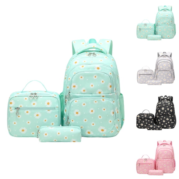 Girls Backpack Set with Lunch Box & Pencil Case, Floral Print Girls School Backpack for Elementary/Middle/High School (Green)