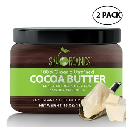 Unrefined Cocoa Butter Organic Cocoa Butter By Sky Organics: Unrefined, 100% Pure Raw Cocoa Butter 16oz – Skin Nourishing, Moisturizing & Healing, for Dry Skin, Stretch Marks - Skin Care, Hair Care & DIY Recipes (2 Pack) ()