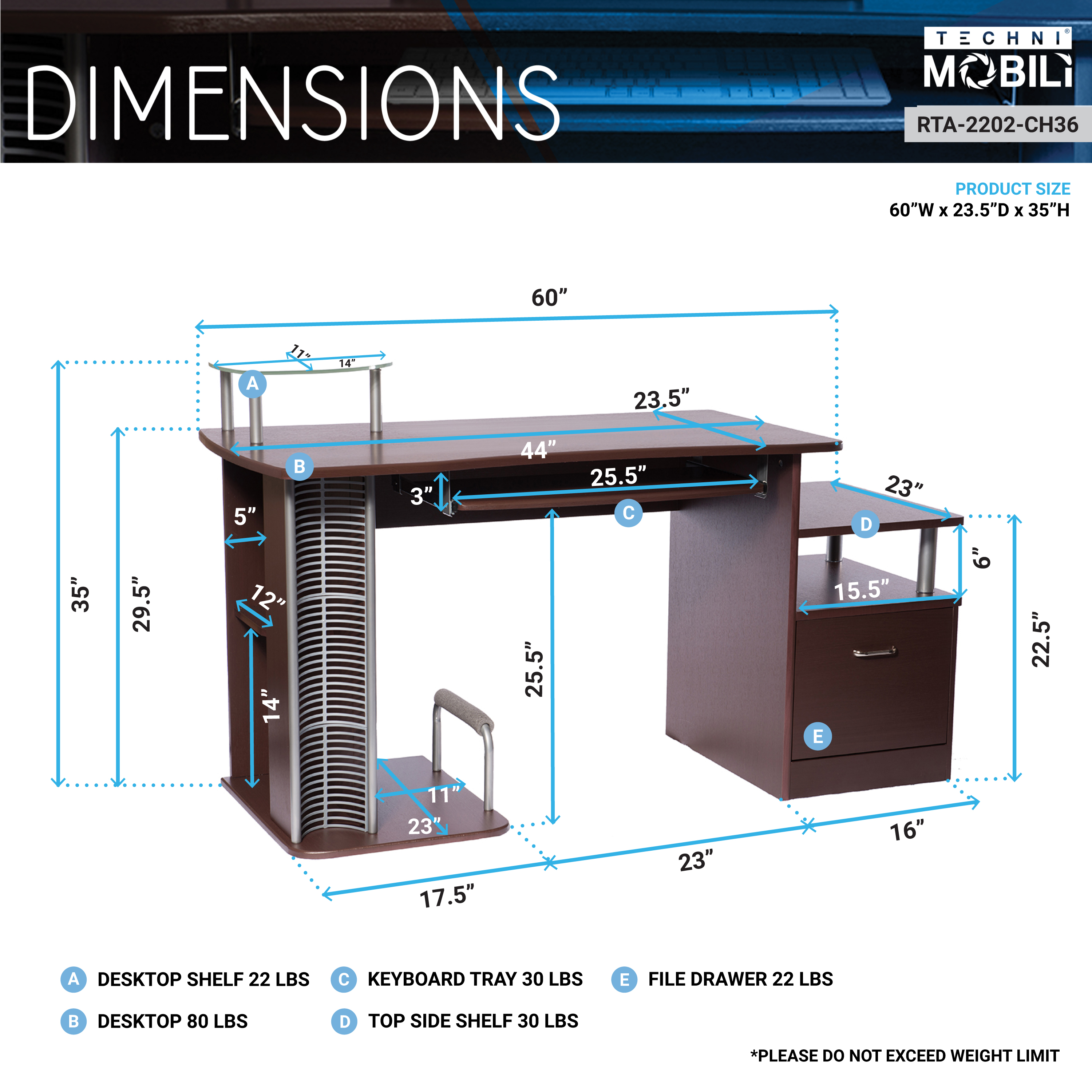 Techni Mobili Complete Computer Workstation Desk with Storage and Media Rack RTA-2202, Chocolate - image 4 of 4