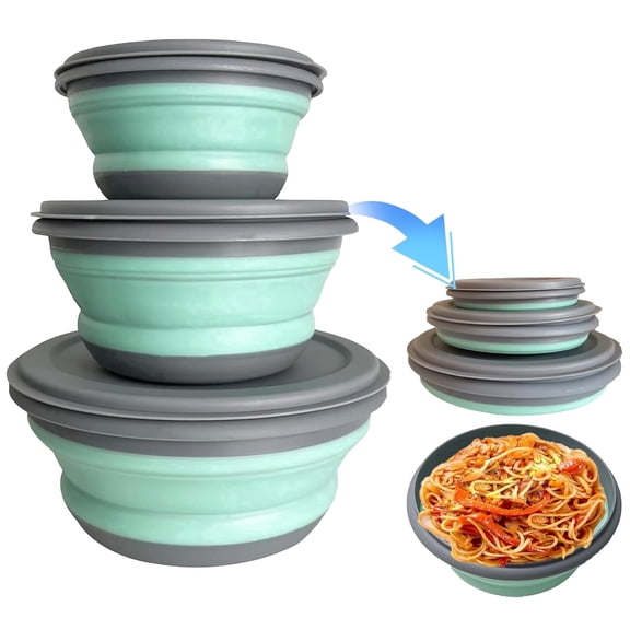 3 Pcs Collapsible Bowl,Portable Silicone Bowls with Lids,Expandable Salad Bowl Set,Folding Lunch Box for Camping, Kitchen,Hiking,Green