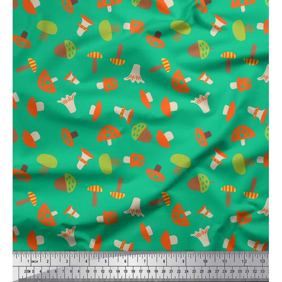 Soimoi Green Rayon Fabric Oaknut & Mushroom Clip Art Print Fabric by The Yard 56 Inch Wide