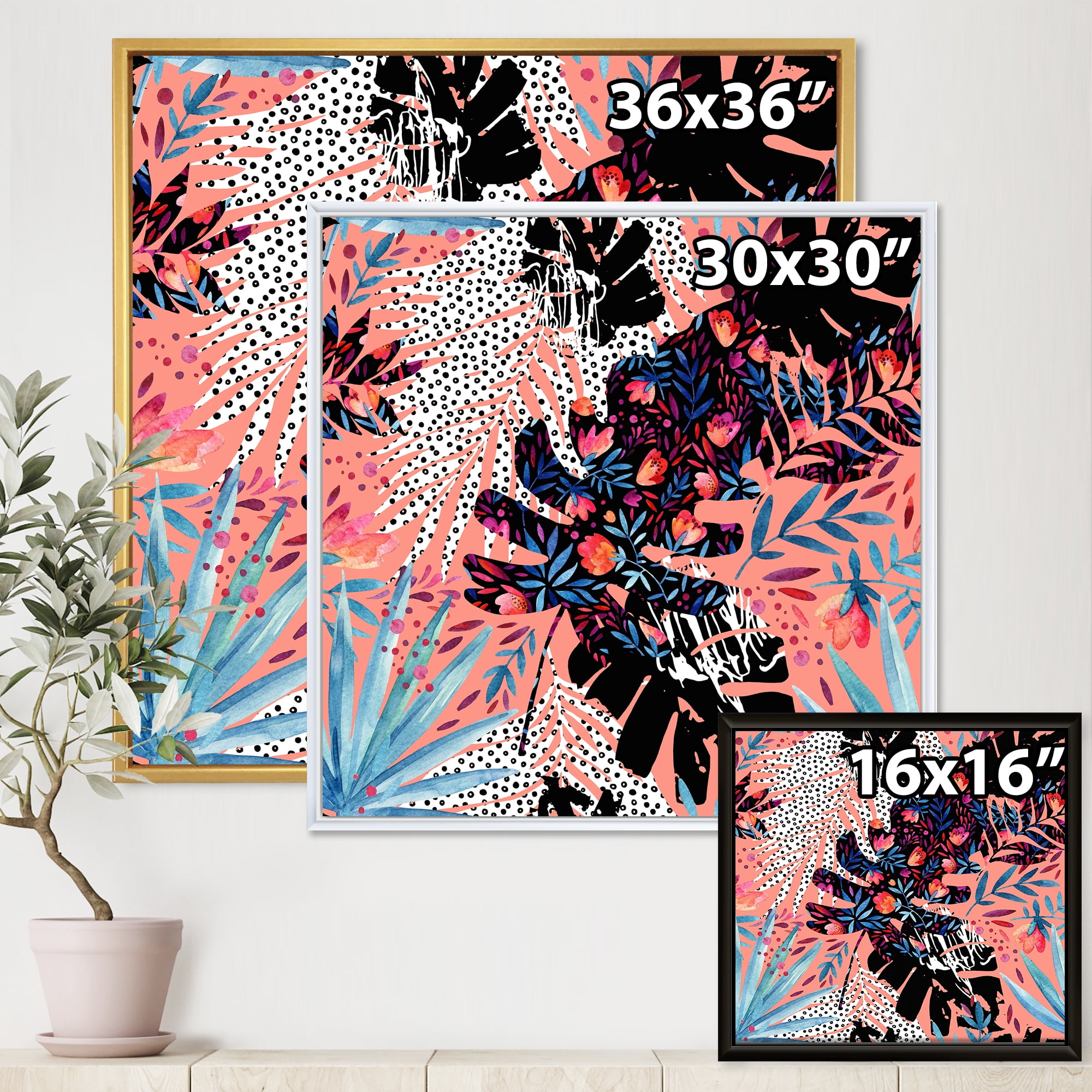 Abstract Tropical Floral Patchwork II 36 in x 36 in Framed Painting Canvas Art Print, by Designart