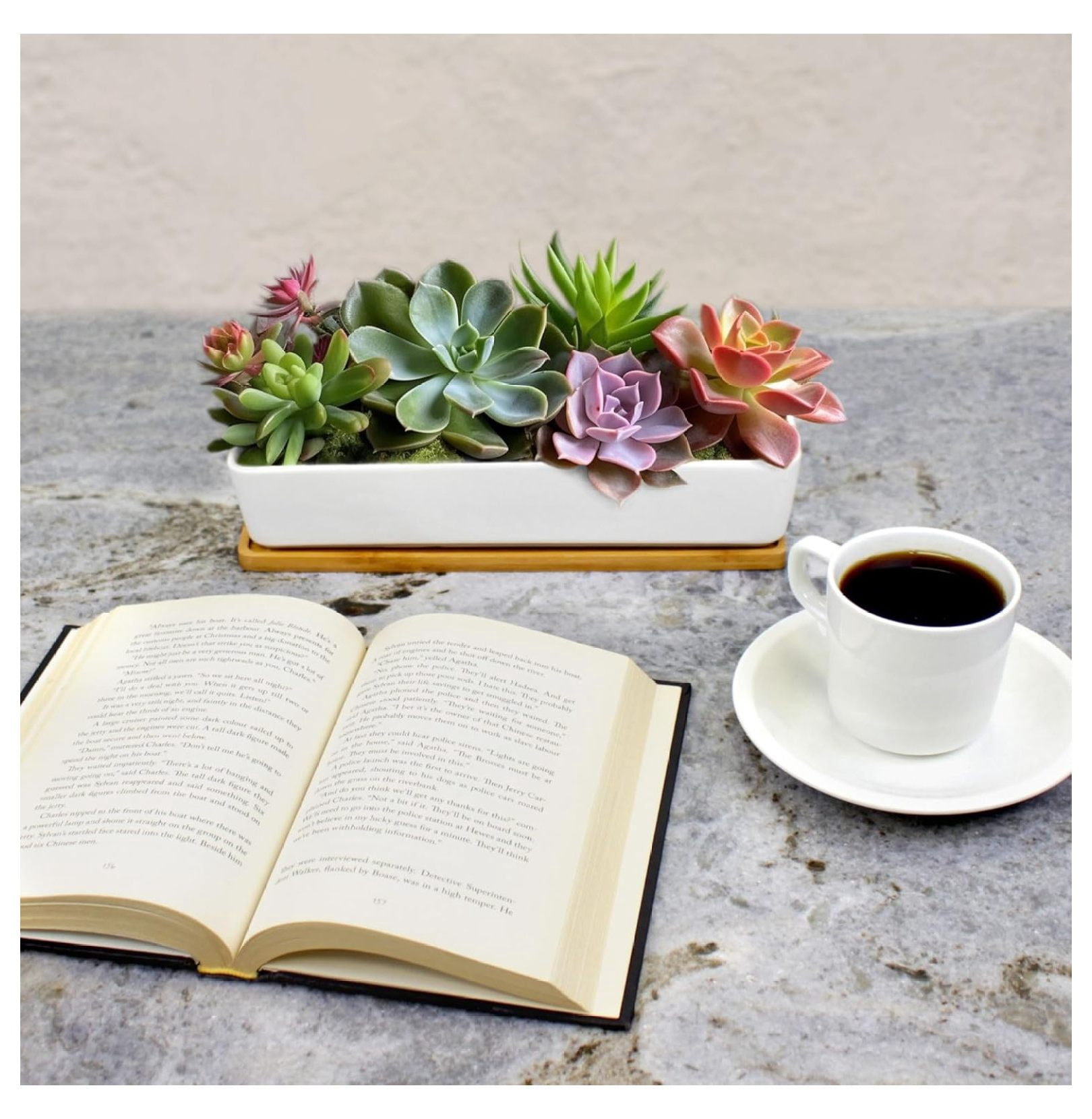 Ceramic Plant Pots - 11" Long Rectangle White Planter with Bamboo Tray - Indoor Succulent & Flower Pots - Boho Chic Decor - Modern Minimalist Design