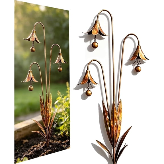 Triple Bluebells Garden Stake, Outdoor Metal Flower Decor With Bell Accents, Durable Weather Resistant Rustic Handmade Ornament Garden Stakes For Yard, Lawn, Patio, Walkway