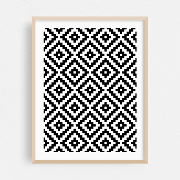 Aztec Diamond Shape Pattern Black White - Digital Art Geometric Black and White Pattern Modern Art Minimalist Abstract Mid-Century Modern Oak Framed Wall Art Print 8 x 10 inches