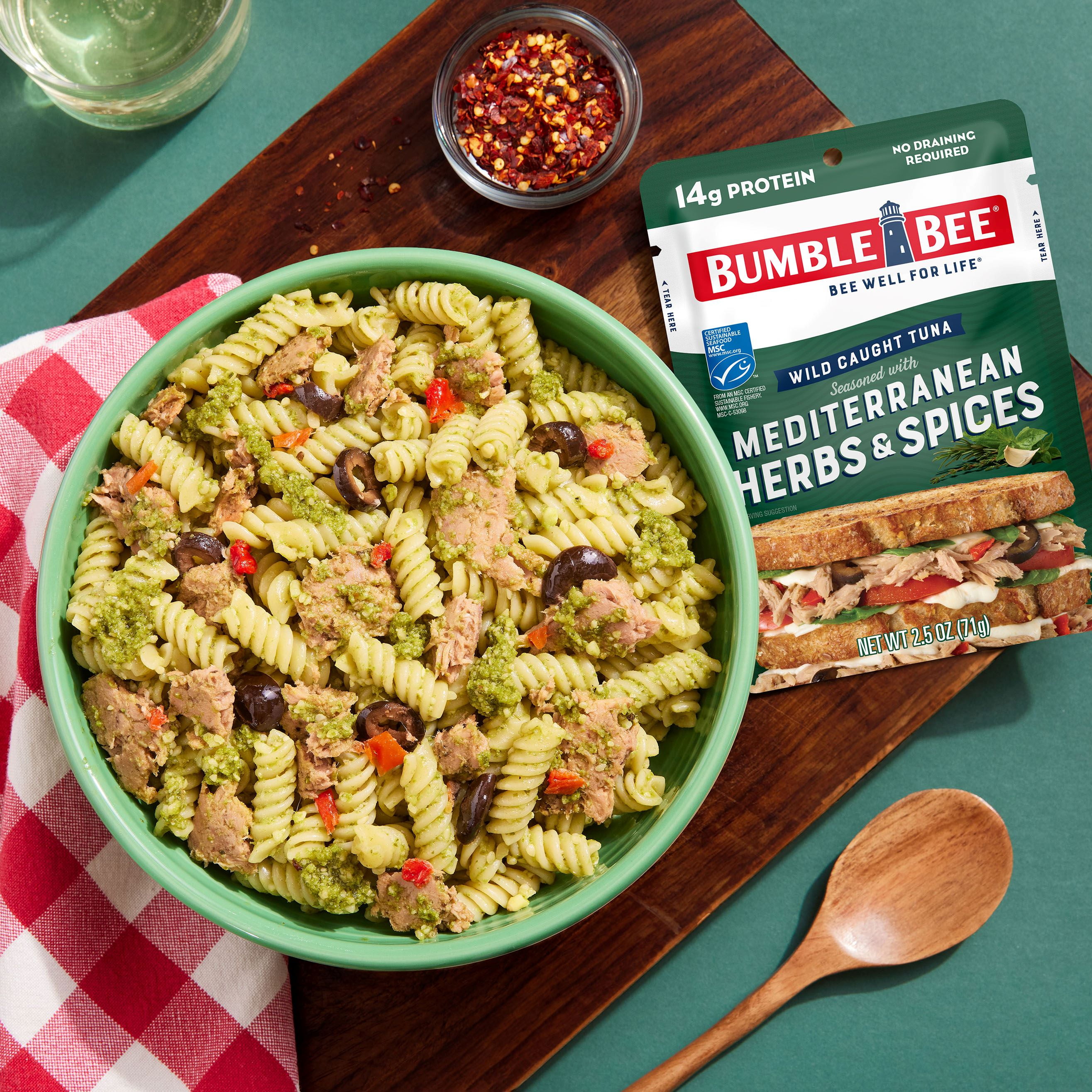 (12 pack) Bumble Bee Mediterranean Herbs & Spices Seasoned Light Tuna, Wild Caught, Gluten Free, 14g Protein per Serving, Ready to Eat, Shelf Stable Pouch, 2.5 oz