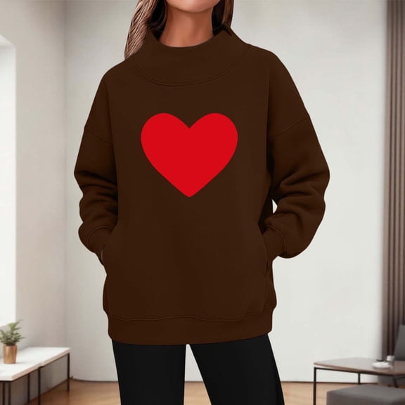 GuzomFashion Valentine's Day Womens Oversized Mock Neck Sweatshirt, Brown with Red Heart Print, Pullover with Kangaroo Pocket, Soft Polyester, S-XL,Size S